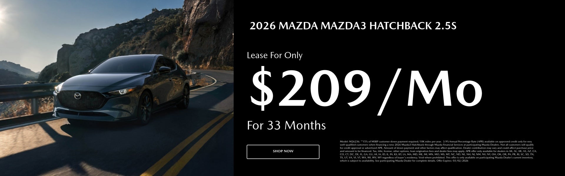 2026 MAZDA MAZDA3 HATCHBACK 2.5S Lease For Only $209/mo. For