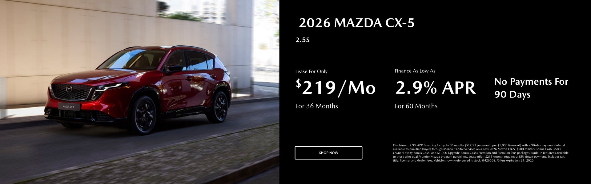 2026 MAZDA CX-5 Lease For Only $219/mo. For 36 mo. + tax Fin