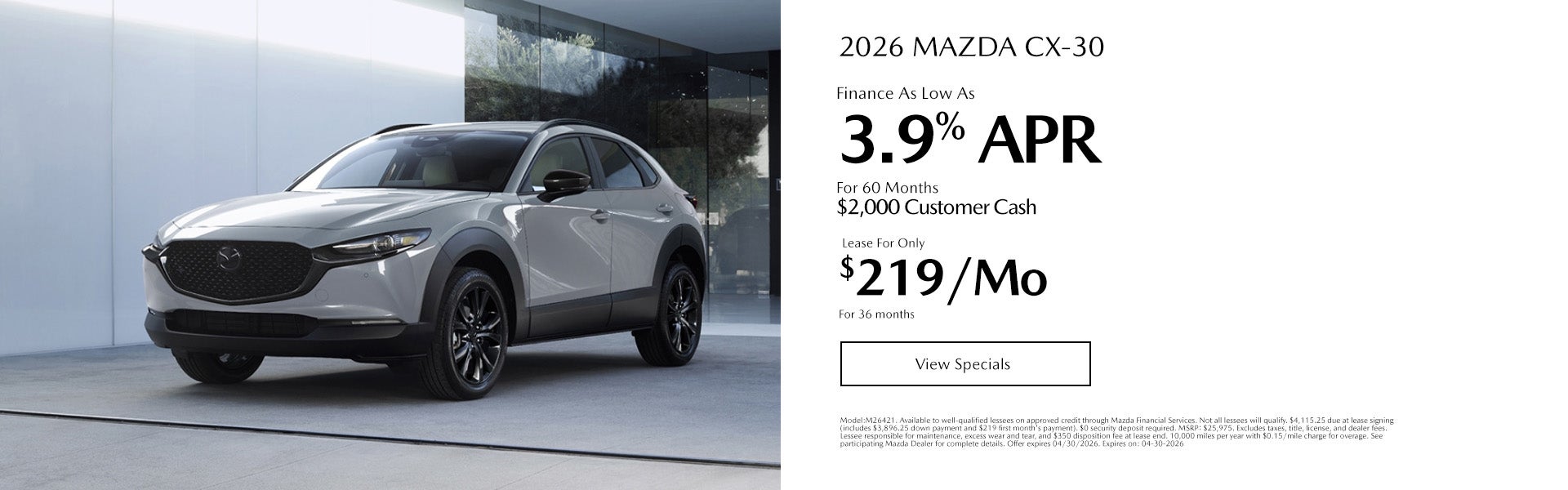 2026 MAZDA CX-30 2.5S Lease For Only $219/mo. For 36 mo. + t